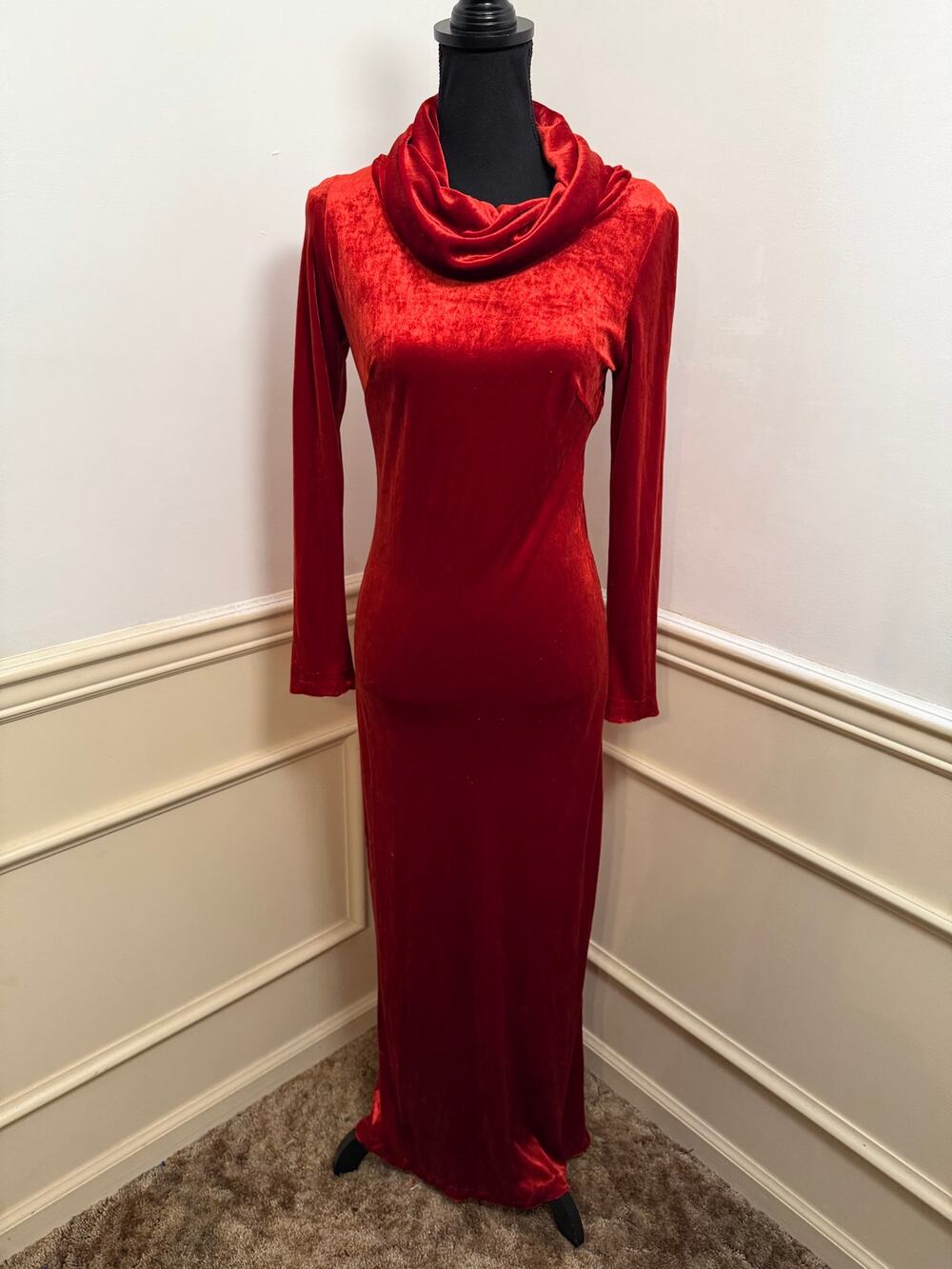Vintage New Generation London Red Velvet Cowl Neck Maxi Dress Gothic Glam Retro
